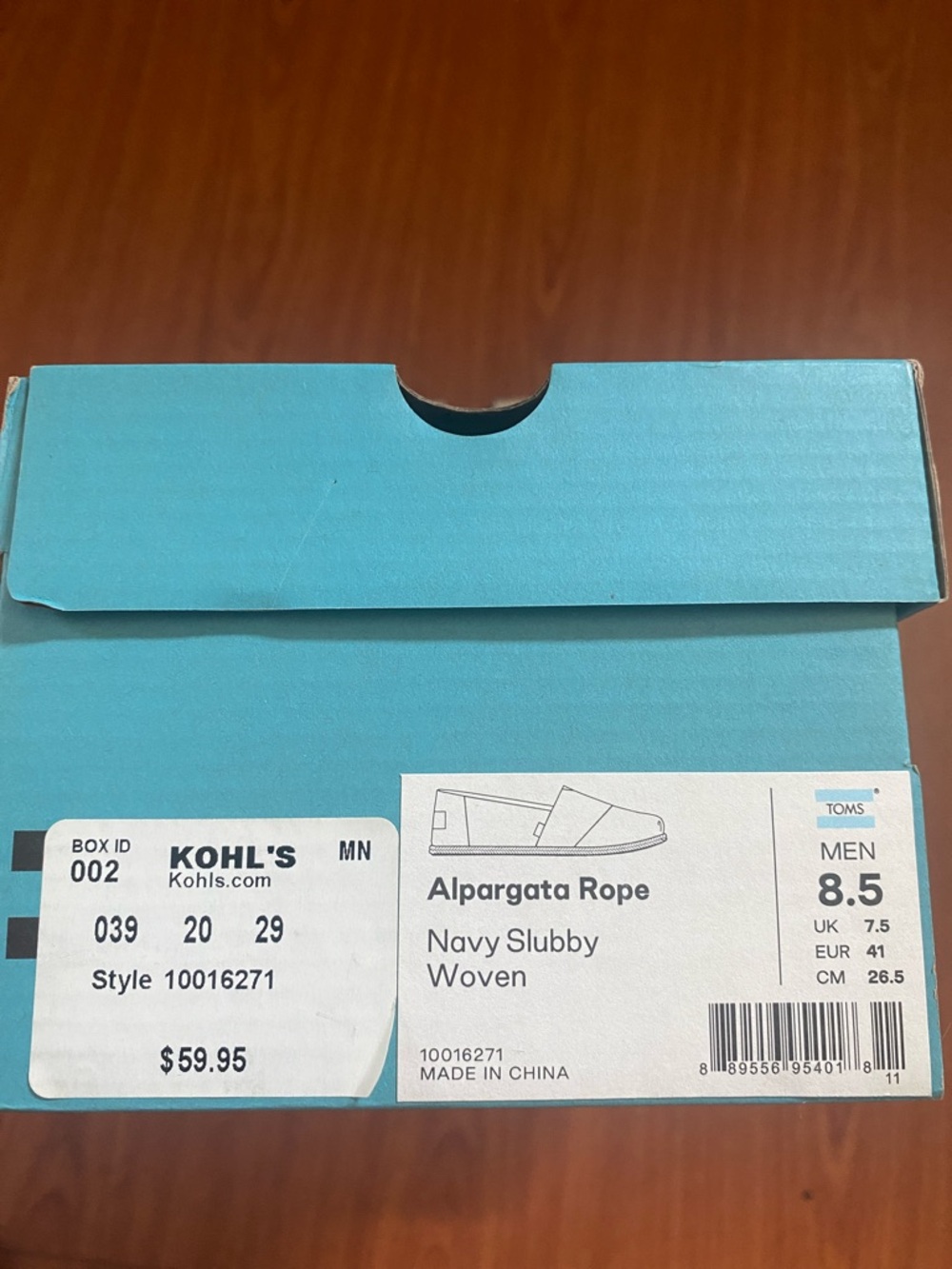 Toms men’s  Alpargata Rope Slip-On Box —  Blue Size 8.5W